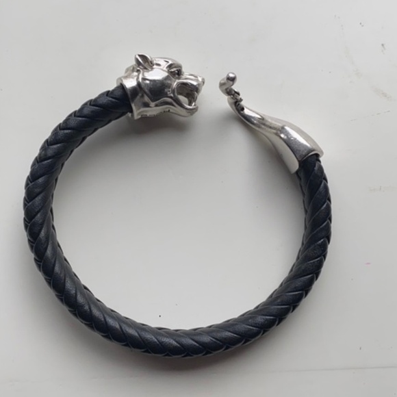 EFFY MEN’S BRACELET WOVEN LEATHER PANTHER BRACELET 925 SILVER TAKE A LOOK - Picture 1 of 9